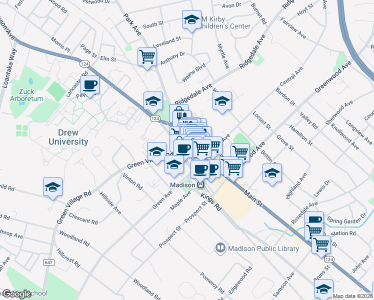 map of restaurants, bars, coffee shops, grocery stores, and more near 2 Green Village Road in Madison