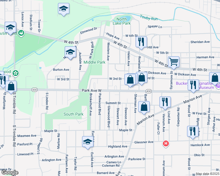 map of restaurants, bars, coffee shops, grocery stores, and more near 608 Park Avenue West in Mansfield