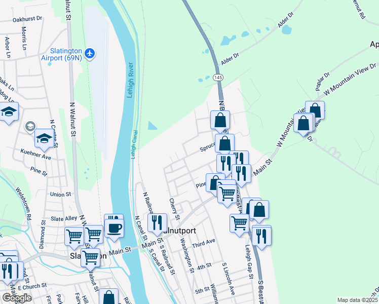 map of restaurants, bars, coffee shops, grocery stores, and more near 317 Spruce Street in Walnutport