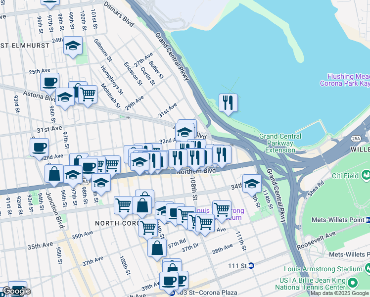 map of restaurants, bars, coffee shops, grocery stores, and more near 32-14 108th Street in Queens