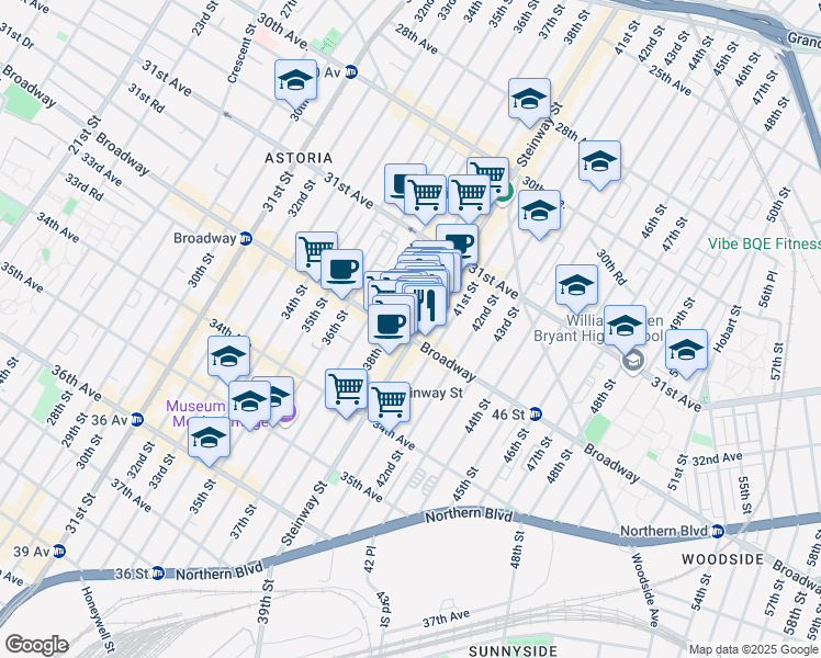 map of restaurants, bars, coffee shops, grocery stores, and more near 31-91 Steinway Street in Queens