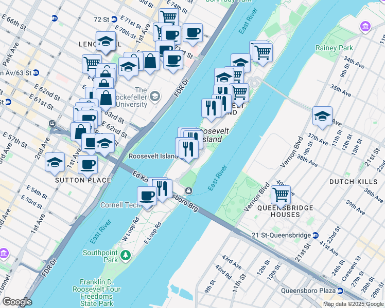 map of restaurants, bars, coffee shops, grocery stores, and more near East Road in New York