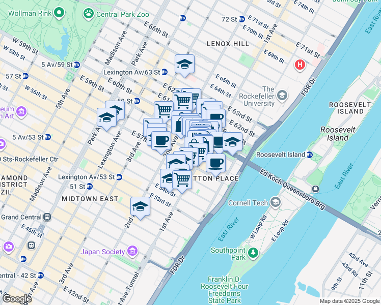 map of restaurants, bars, coffee shops, grocery stores, and more near 331 East 58th Street in New York