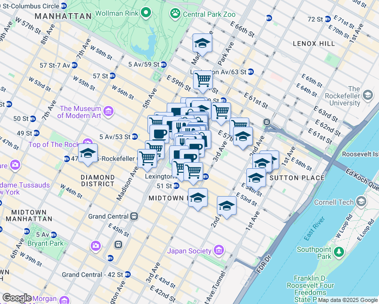 map of restaurants, bars, coffee shops, grocery stores, and more near 135 East 54th Street in New York