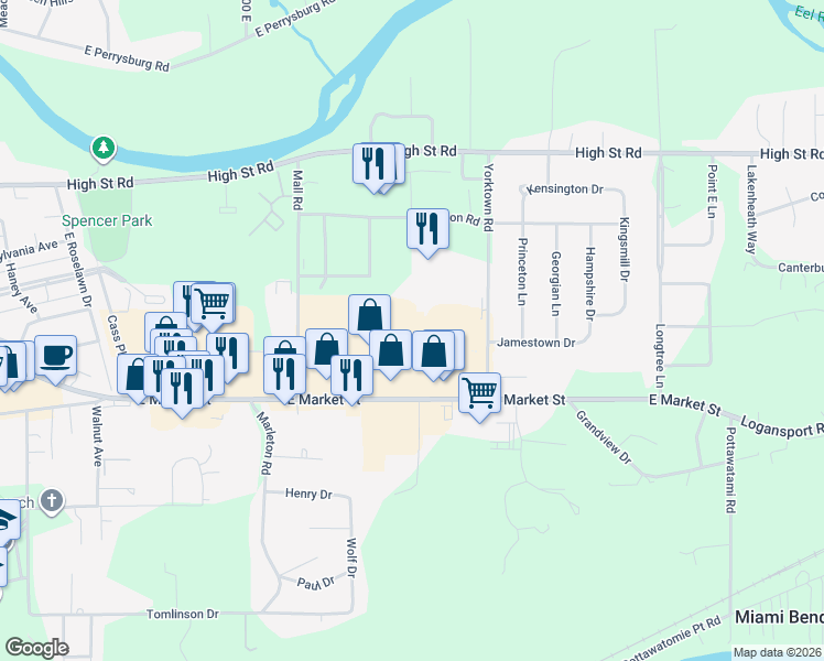 map of restaurants, bars, coffee shops, grocery stores, and more near 3936 East Market Street in Logansport