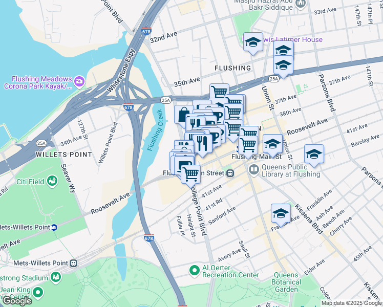 map of restaurants, bars, coffee shops, grocery stores, and more near 37-33 College Point Boulevard in Queens