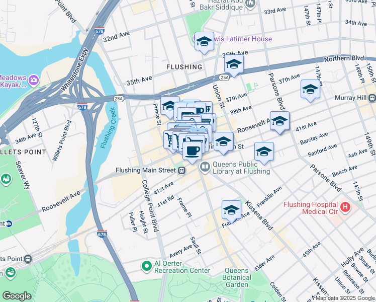 map of restaurants, bars, coffee shops, grocery stores, and more near 135-29 40th Road in Queens
