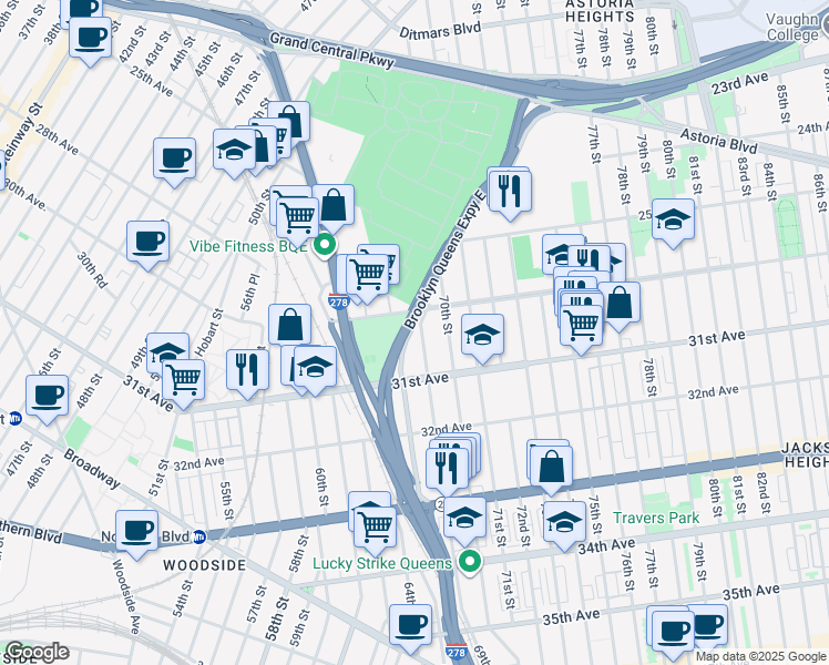 map of restaurants, bars, coffee shops, grocery stores, and more near 30-16 69th Street in Queens