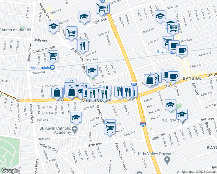 map of restaurants, bars, coffee shops, grocery stores, and more near 42-27 202nd Street in Queens