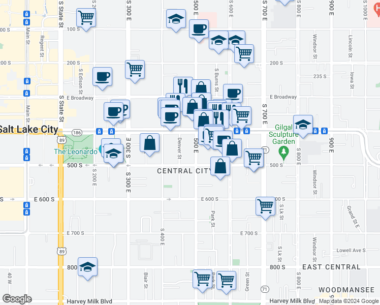 map of restaurants, bars, coffee shops, grocery stores, and more near 440 500 East in Salt Lake City