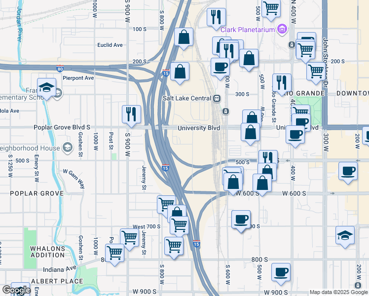 map of restaurants, bars, coffee shops, grocery stores, and more near 723 Pacific Avenue South in Salt Lake City