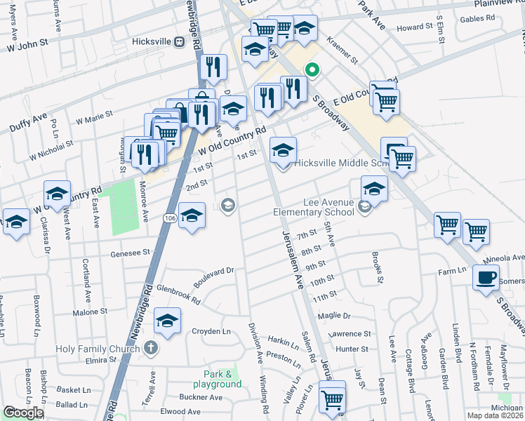 map of restaurants, bars, coffee shops, grocery stores, and more near 157 4th Street in Hicksville