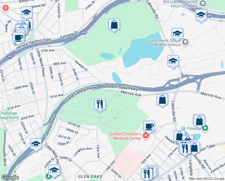 map of restaurants, bars, coffee shops, grocery stores, and more near 1 Lake Road West in Great Neck