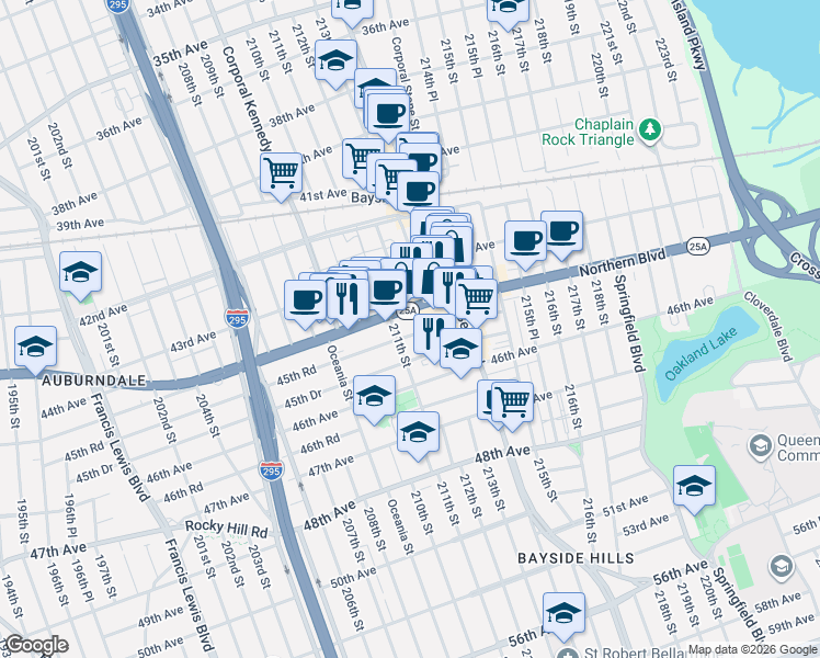 map of restaurants, bars, coffee shops, grocery stores, and more near 211-02 Northern Boulevard in Queens