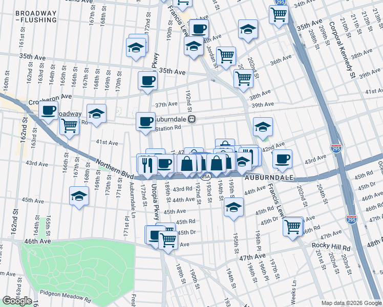 map of restaurants, bars, coffee shops, grocery stores, and more near 19207 42nd Avenue in Queens