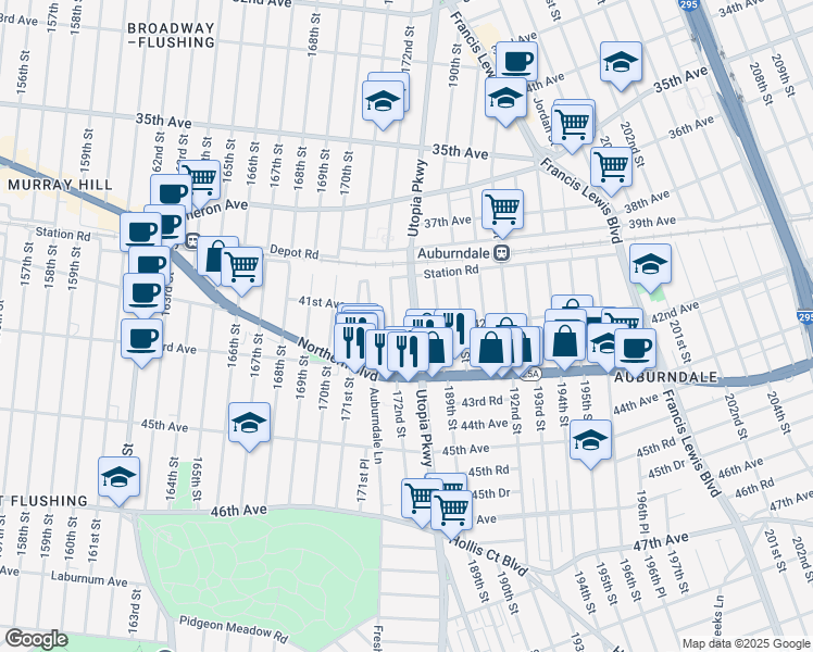 map of restaurants, bars, coffee shops, grocery stores, and more near 40-43 172nd Street in Queens