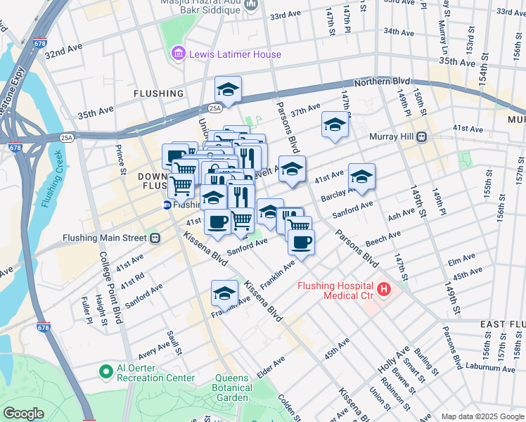 map of restaurants, bars, coffee shops, grocery stores, and more near in Queens