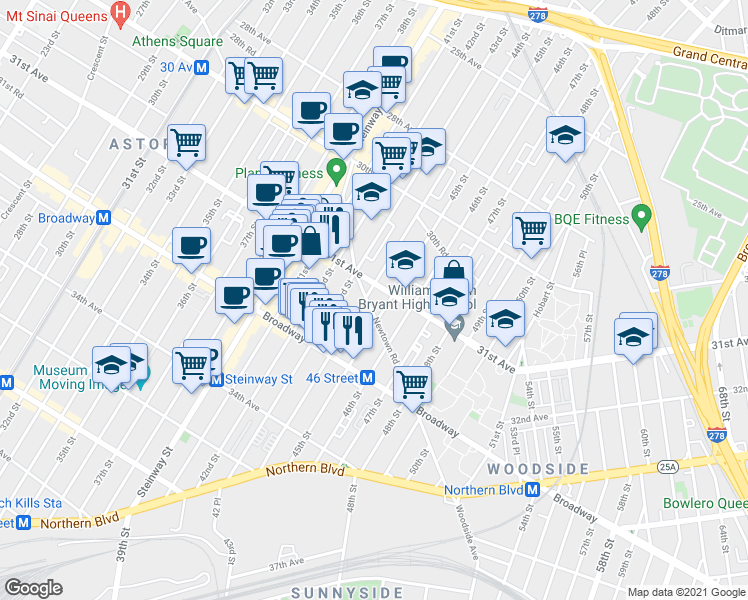 map of restaurants, bars, coffee shops, grocery stores, and more near 31-09 44th Street in Queens