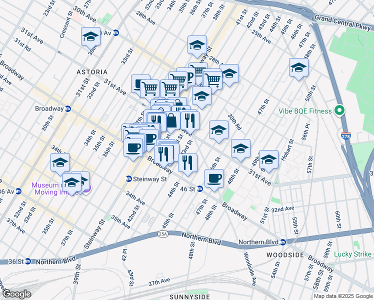 map of restaurants, bars, coffee shops, grocery stores, and more near 31-30 43rd Street in Queens