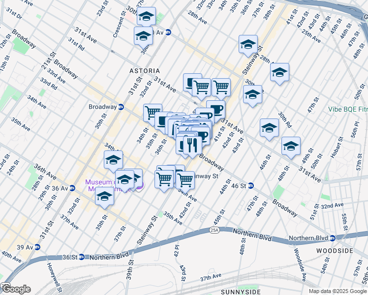 map of restaurants, bars, coffee shops, grocery stores, and more near 37-15 Broadway in Queens