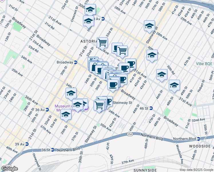 map of restaurants, bars, coffee shops, grocery stores, and more near 32-18 37th Street in Queens