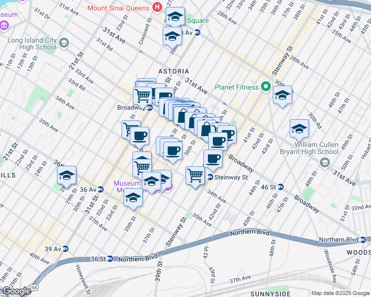 map of restaurants, bars, coffee shops, grocery stores, and more near 32-40 35th Street in Queens