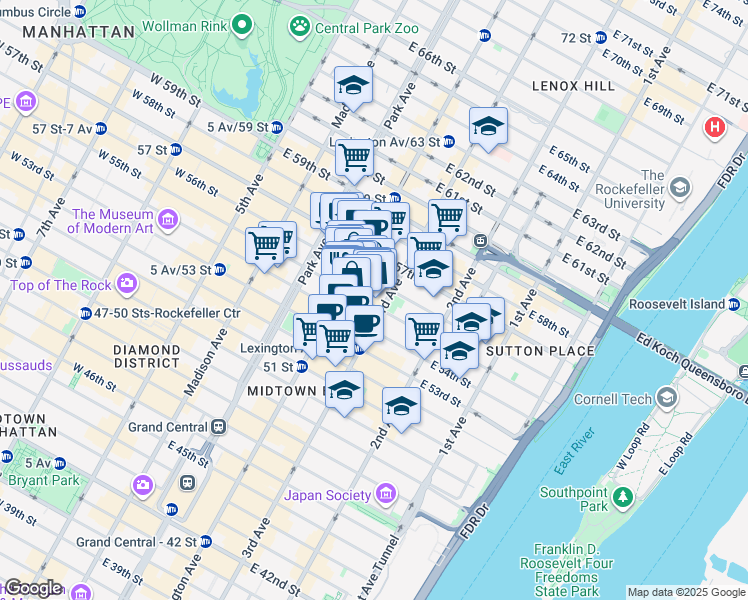 map of restaurants, bars, coffee shops, grocery stores, and more near 676 Lexington Avenue in New York