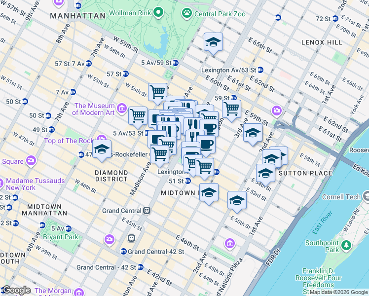 map of restaurants, bars, coffee shops, grocery stores, and more near in New York