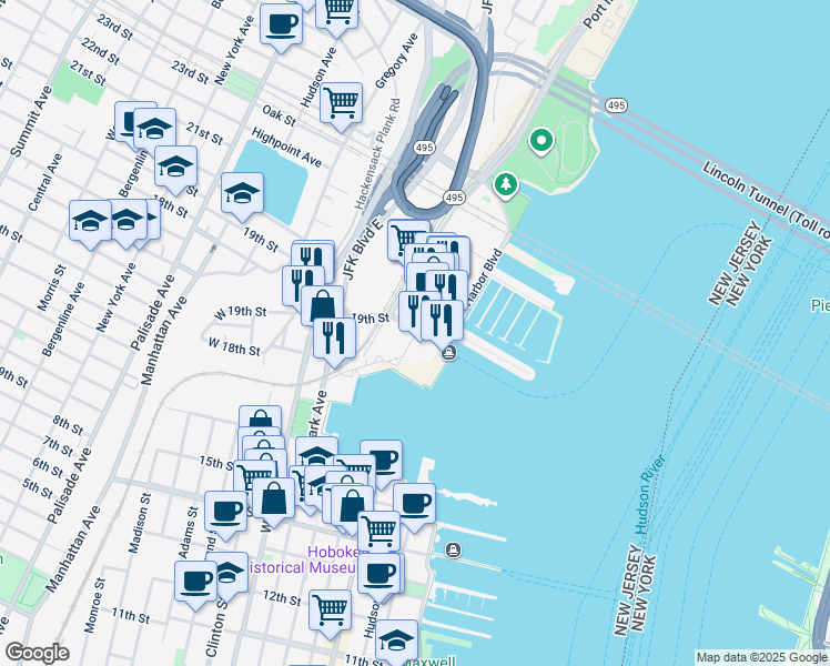 map of restaurants, bars, coffee shops, grocery stores, and more near 1000 Harbor Boulevard in Weehawken