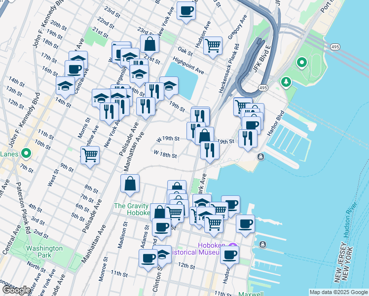 map of restaurants, bars, coffee shops, grocery stores, and more near 25 Hackensack Avenue in Weehawken