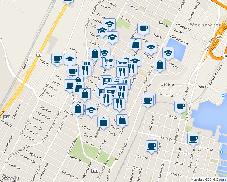 map of restaurants, bars, coffee shops, grocery stores, and more near 513 12th Street in Union City