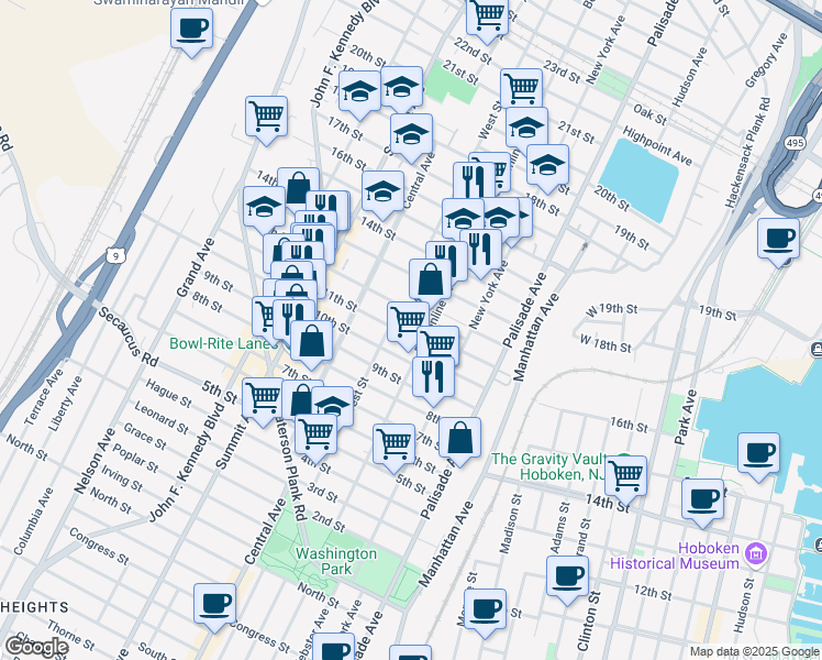 map of restaurants, bars, coffee shops, grocery stores, and more near 513 12th Street in Union City