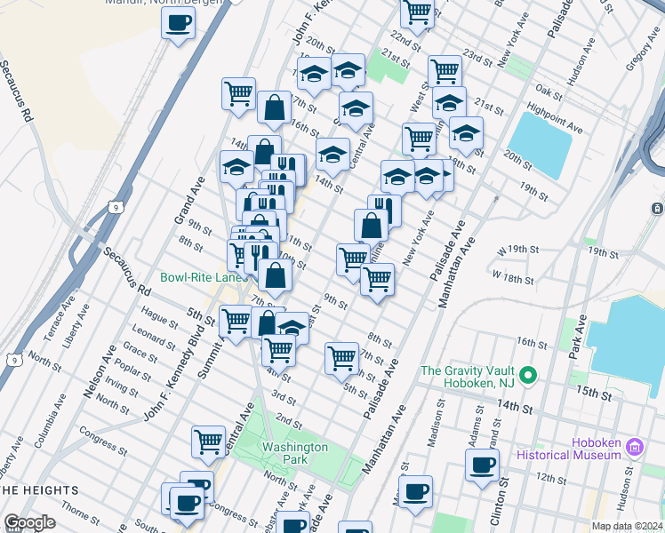 map of restaurants, bars, coffee shops, grocery stores, and more near 611 11th Street in Union City