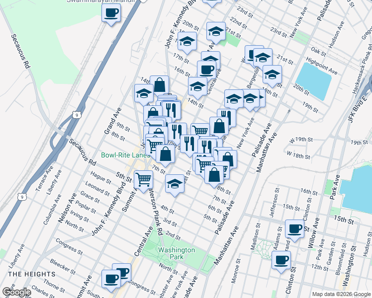 map of restaurants, bars, coffee shops, grocery stores, and more near 611 11th Street in Union City