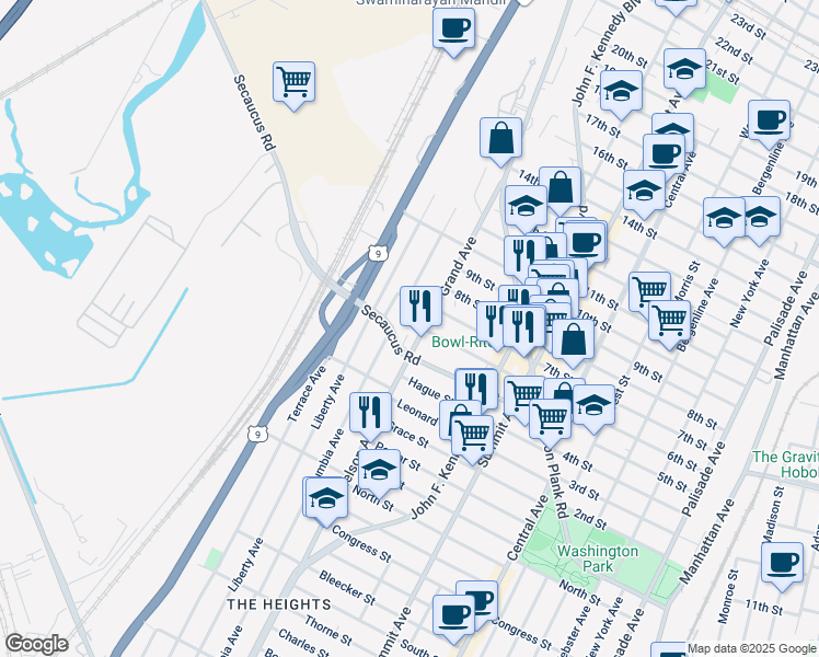 map of restaurants, bars, coffee shops, grocery stores, and more near 1517 6th Street in North Bergen