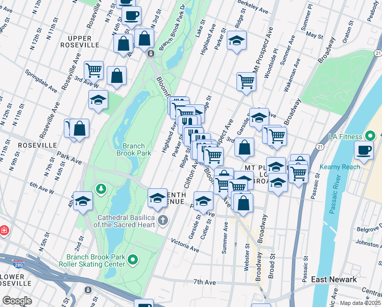 map of restaurants, bars, coffee shops, grocery stores, and more near 196 Ridge Street in Newark
