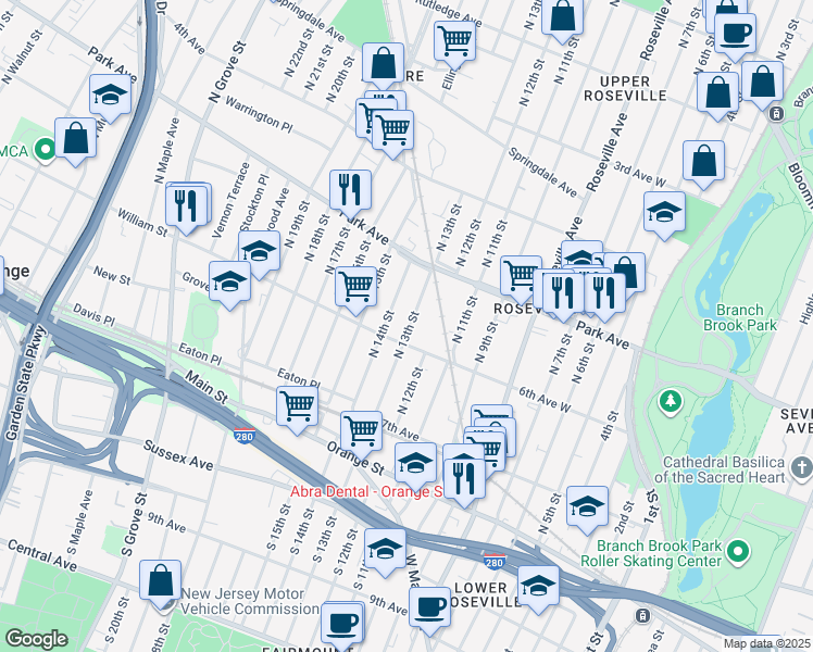 map of restaurants, bars, coffee shops, grocery stores, and more near 104 North 13th Street in Newark