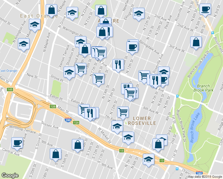 map of restaurants, bars, coffee shops, grocery stores, and more near 104 North 13th Street in Newark