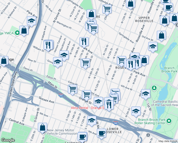 map of restaurants, bars, coffee shops, grocery stores, and more near 40 William Street in East Orange
