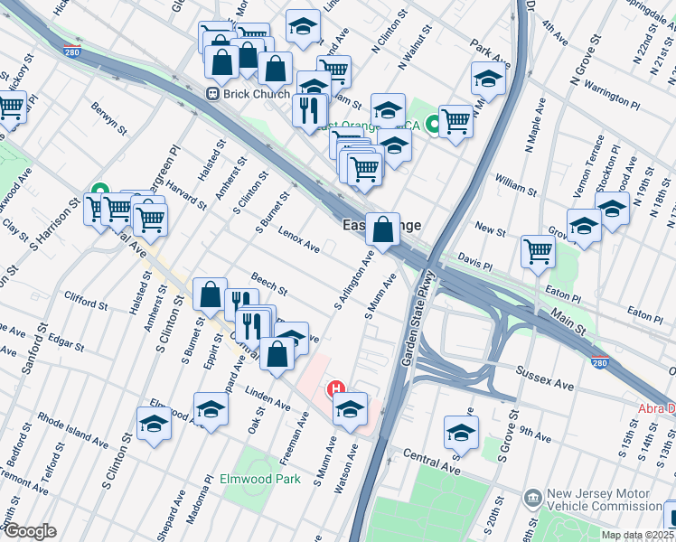 map of restaurants, bars, coffee shops, grocery stores, and more near 3 Lenox Avenue in East Orange