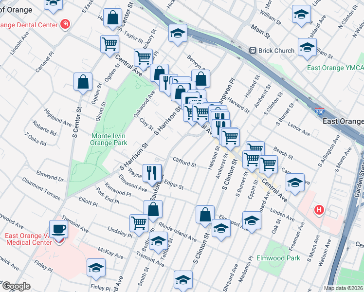 map of restaurants, bars, coffee shops, grocery stores, and more near 59 Sanford Street in East Orange