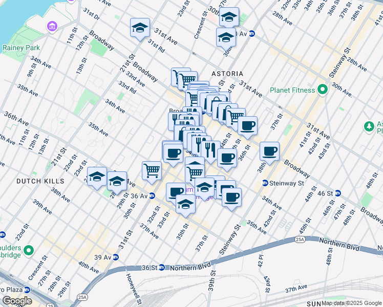 map of restaurants, bars, coffee shops, grocery stores, and more near 32nd Street & 34th Avenue in Queens