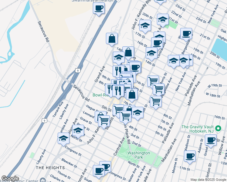 map of restaurants, bars, coffee shops, grocery stores, and more near 803 John F. Kennedy Boulevard in North Bergen