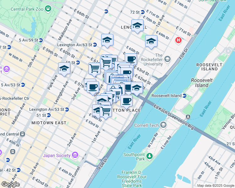 map of restaurants, bars, coffee shops, grocery stores, and more near 1069 1st Avenue in New York