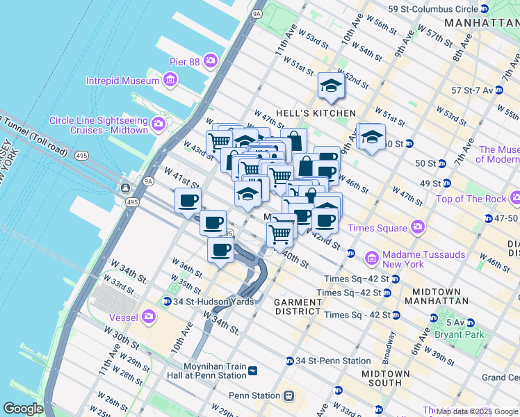 map of restaurants, bars, coffee shops, grocery stores, and more near 470 West 42nd Street in New York