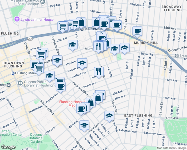 map of restaurants, bars, coffee shops, grocery stores, and more near 147-14 Sanford Avenue in Queens