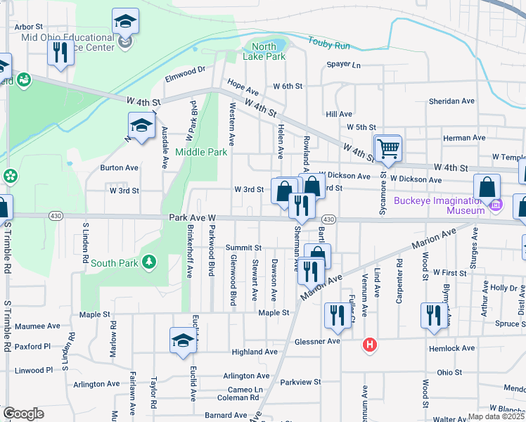 map of restaurants, bars, coffee shops, grocery stores, and more near 564 Park Avenue West in Mansfield