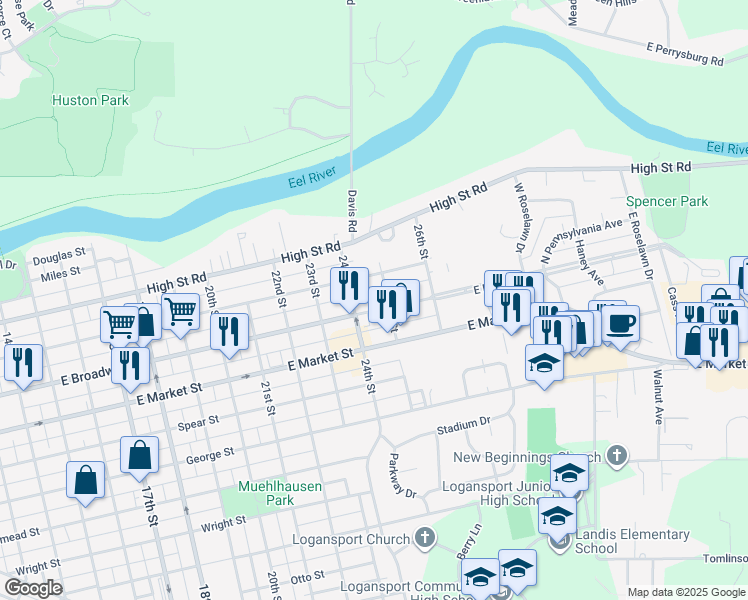 map of restaurants, bars, coffee shops, grocery stores, and more near 2422 East Broadway Street in Logansport