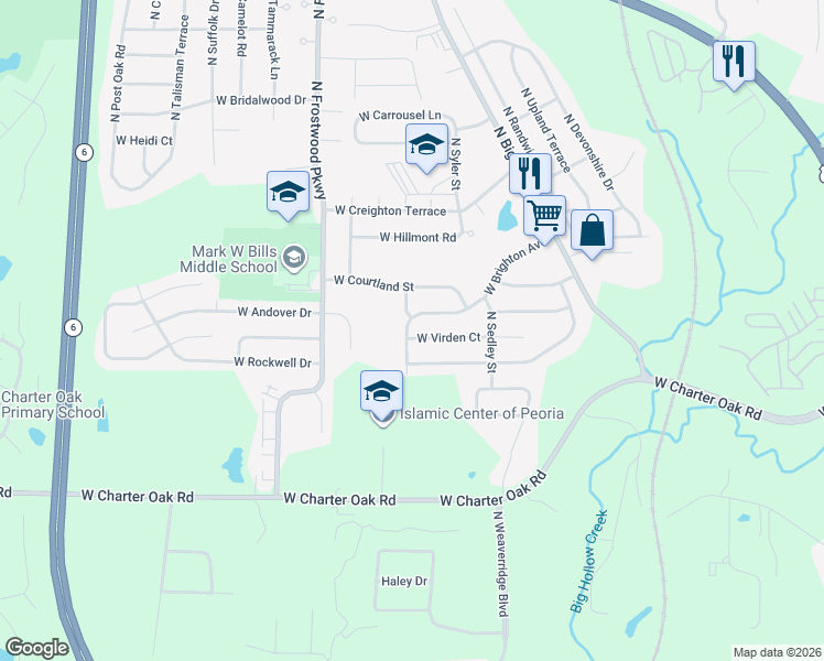 map of restaurants, bars, coffee shops, grocery stores, and more near 5906 North Wacker Drive in Peoria