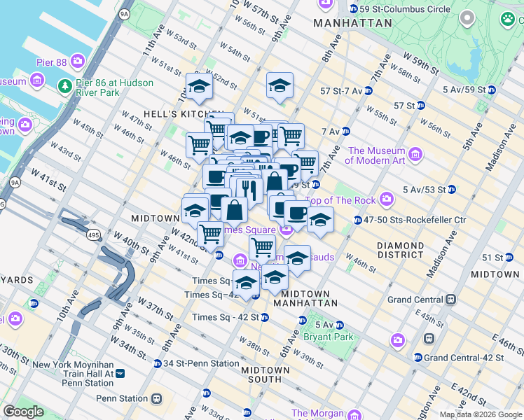 map of restaurants, bars, coffee shops, grocery stores, and more near 246 West 46th Street in New York